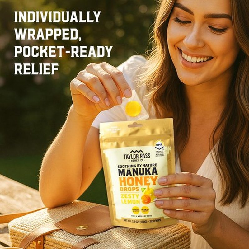 Taylor Pass Honey Co Mānuka Honey Drops UMF™ 10+ - Zesty Lemon Lozenges | Soothing On-The-Go Relief | 22 Wrapped Drops