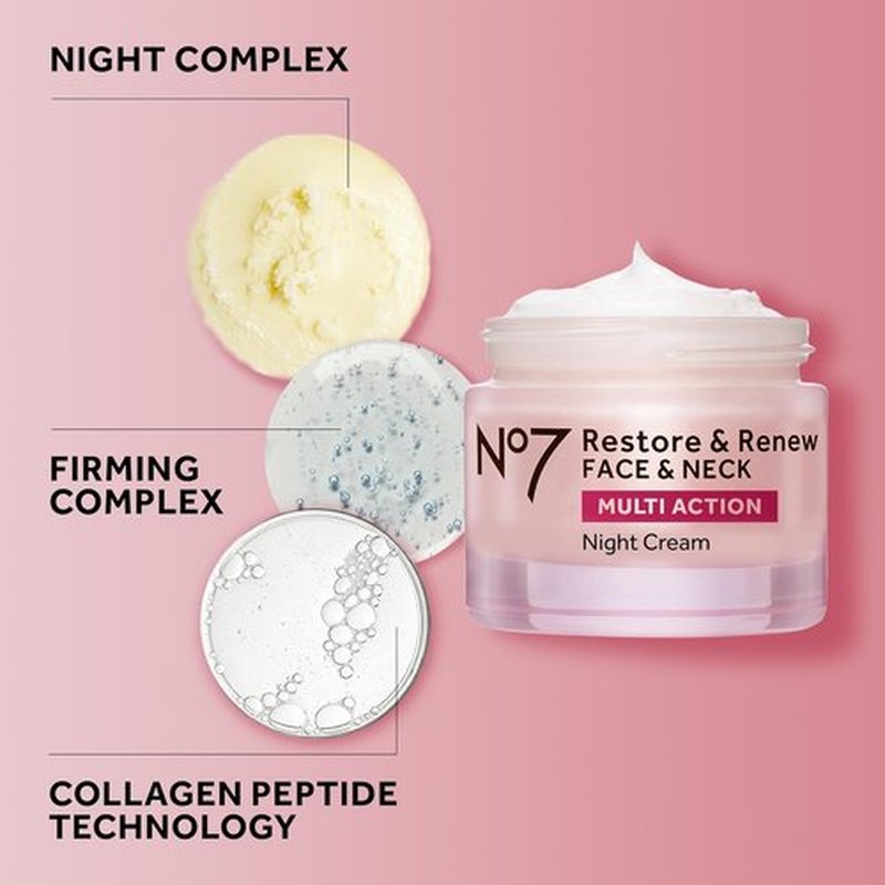No7 Restore & Renew Night Cream - Collagen Peptide Anti-Aging Formula for Face & Neck | Hydrating & Fragrance-Free (50ml)