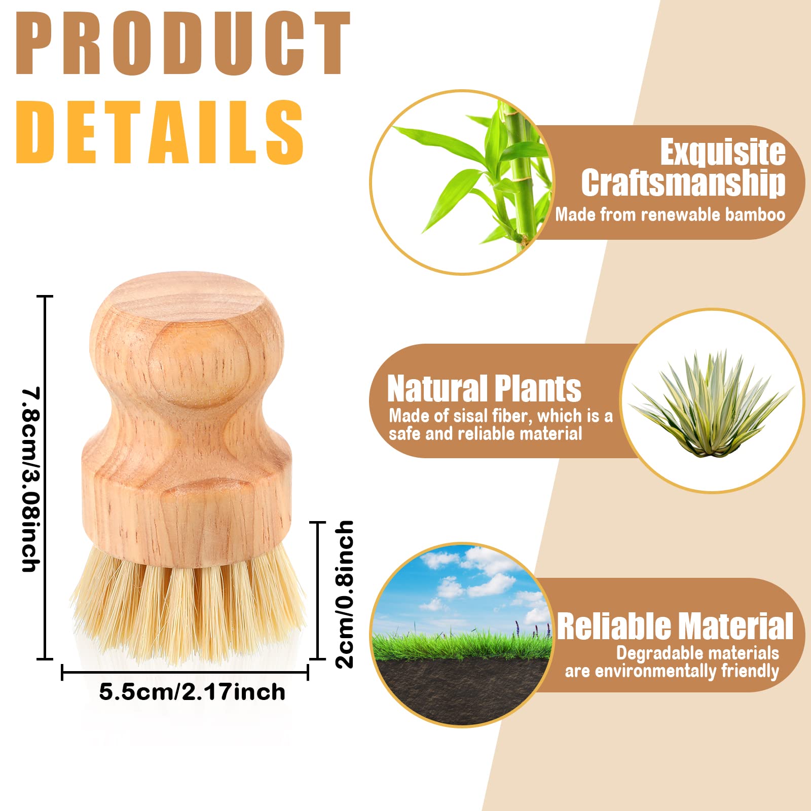 Nuenen 20 Packs Bamboo Dish Scrub Brushes Wooden Scrubbers Set Kitchen Dishwashing Scrubber with Natural Sisal Bristles for Iron Pot Pan Sink(Sisal)
