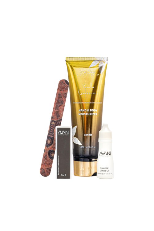 AVANI Dead Sea Cosmetics Women’s Premium Quality Nail Care Kit – Includes Cuticle Oil, Nail Buffer, Nail File, Mineral Moisturizing Hand and Body Lotion.
