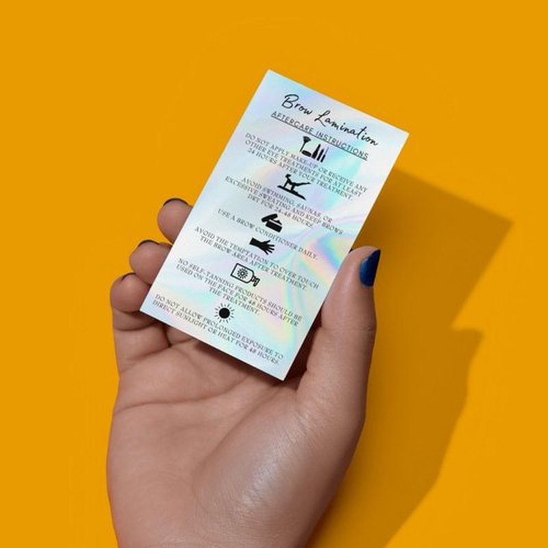 Brow Lamination Aftercare Cards | 50 Pack | 2x3.5” inches Business Card Size | Starter Lift Kit At Home DIY Brow Lift and Tint | Snatched Brows Non Reflect Matte Rainbow Holographic Look Design