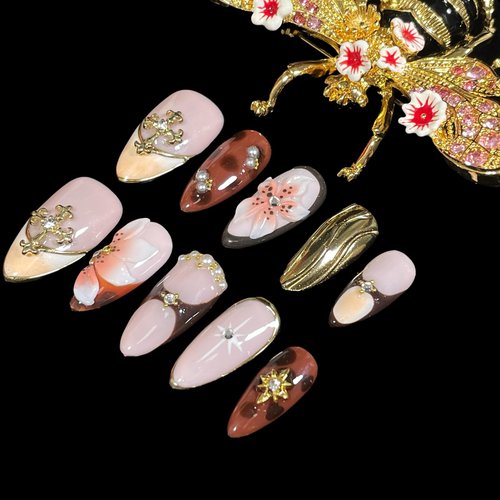Handmade Press On Nails Medium Almond 10 Unique 3D Floral Designs Gold Filigree Crosses Caramel-Brown & Peach Blossoms | Reusable Acrylic False Nails for Women (Brown, L Size)