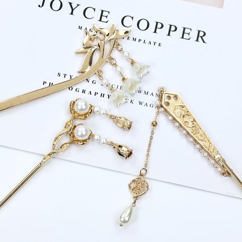 Lawie 10 Pack Retro Gold Metal Long Hair Sticks Pins with Pearl Jade Dangles Tassels Pendants Chinese Hanfu Asian Flower Butterfly Hair Chopsticks Hair Picks Bun Forks Holders Hairpins for Women Girls