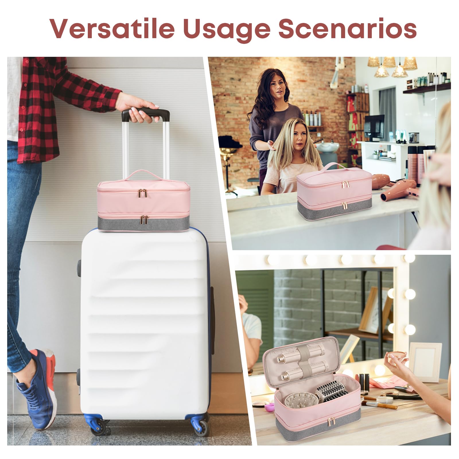 Travel Carrying Case for Shark Flexstyle FlexFusion Revlon Hair Dryer Airwrap, Portable Double Layer Shark Hair Tools Storage Organizer Bag for Airwrap Styler and Attachments, Pink Gray-Bag Only
