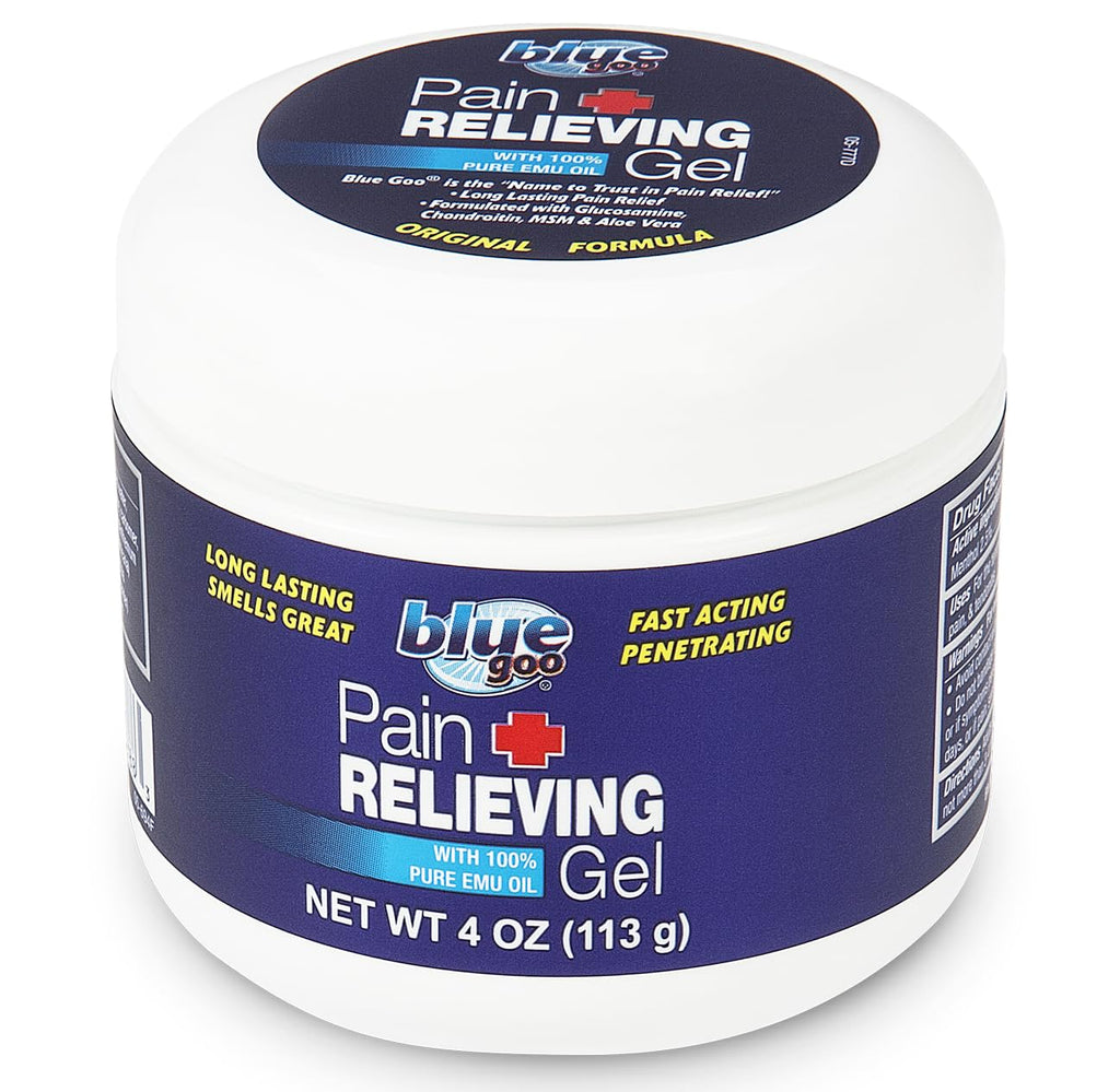 Blue Goo Pain Relieving Gel – Relief for Back, Neck, Muscle and Joint Pain, Fast-Acting Cooling and Soothing Relief with 100% Pure Emu Oil, 4 oz (1 Pack)