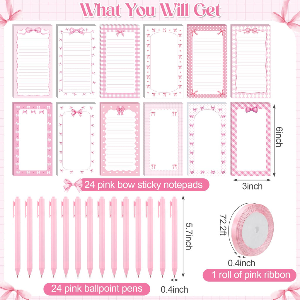 Thenshop 48 Pcs Pink Bow Sticky Notes and Pens Set Pink Notes Preppy Aesthetic Self Stick Notepads Ballpoint Pens for Coquette Supplies Bow Party Favors