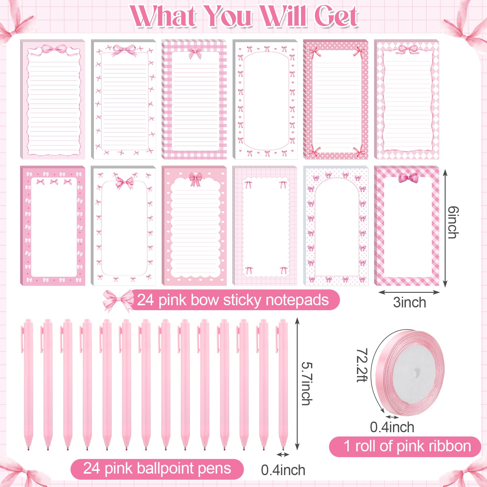 Thenshop 48 Pcs Pink Bow Sticky Notes and Pens Set Pink Notes Preppy Aesthetic Self Stick Notepads Ballpoint Pens for Coquette Supplies Bow Party Favors