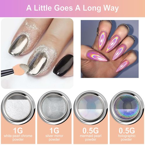 Chrome Nail Powder Gifts for Women - White Pearl Chrome Powder, Aurora Mermaid Iridescent Chromes Powder, Holographic Unicorn Rainbow Sliver Metallic Mirror Effect Nail Glitter Manicure