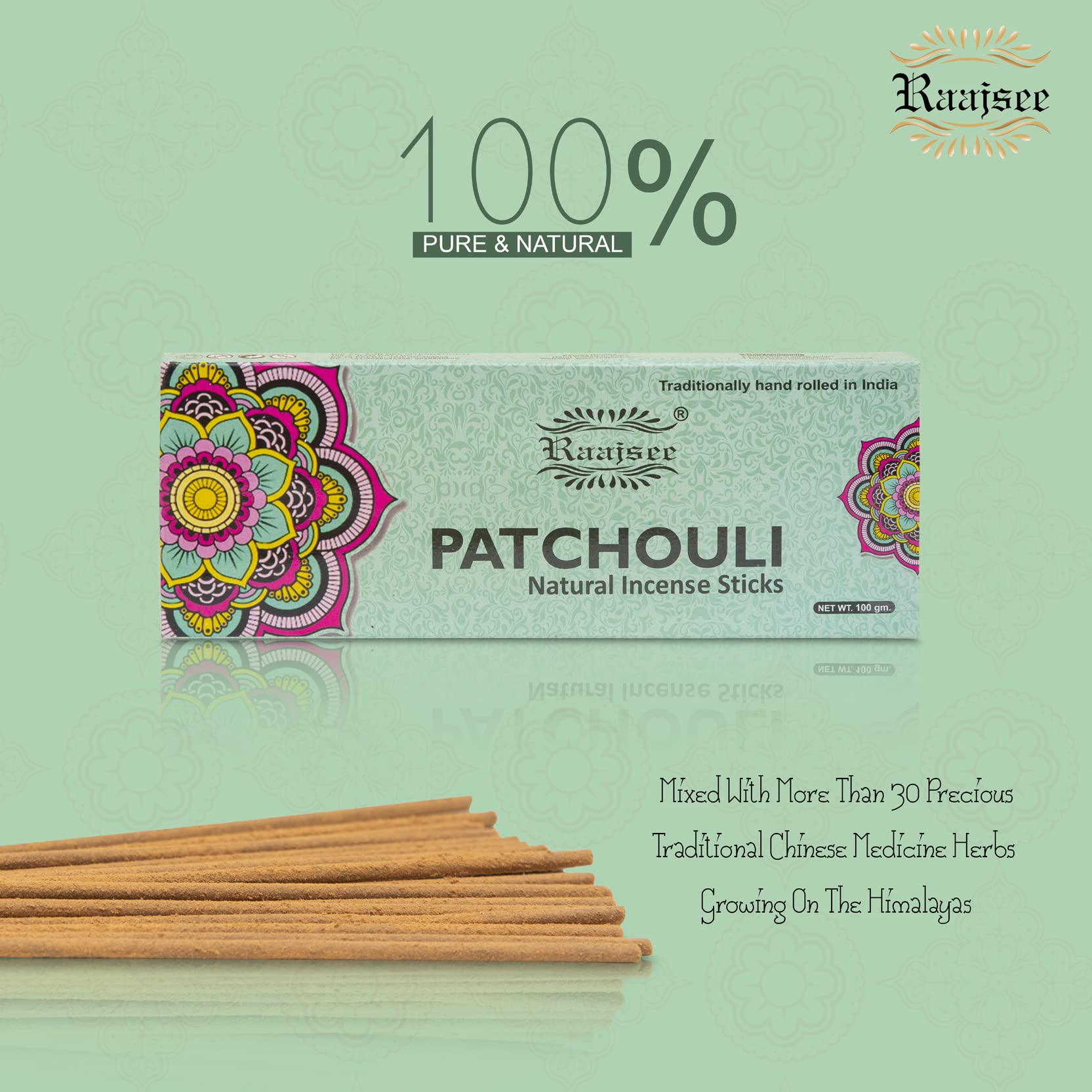 Raajsee Patchouli Incense Sticks 100 gm Pack-100% Pure Organic Natural Hand Rolled Free from Chemicals-Perfect for Church,Aromatherapy,Relaxation,Meditation,Positivity & Sensual Therapy