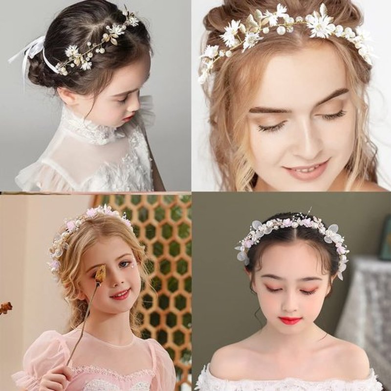 LAPOHI 2 Pieces Wedding Flower Headpieces, Pink Adjustable Hairband with Rhinestones, Pearl, Fairy Crown, Tiara for Girls, Women, Flower Girls, Bridesmaids
