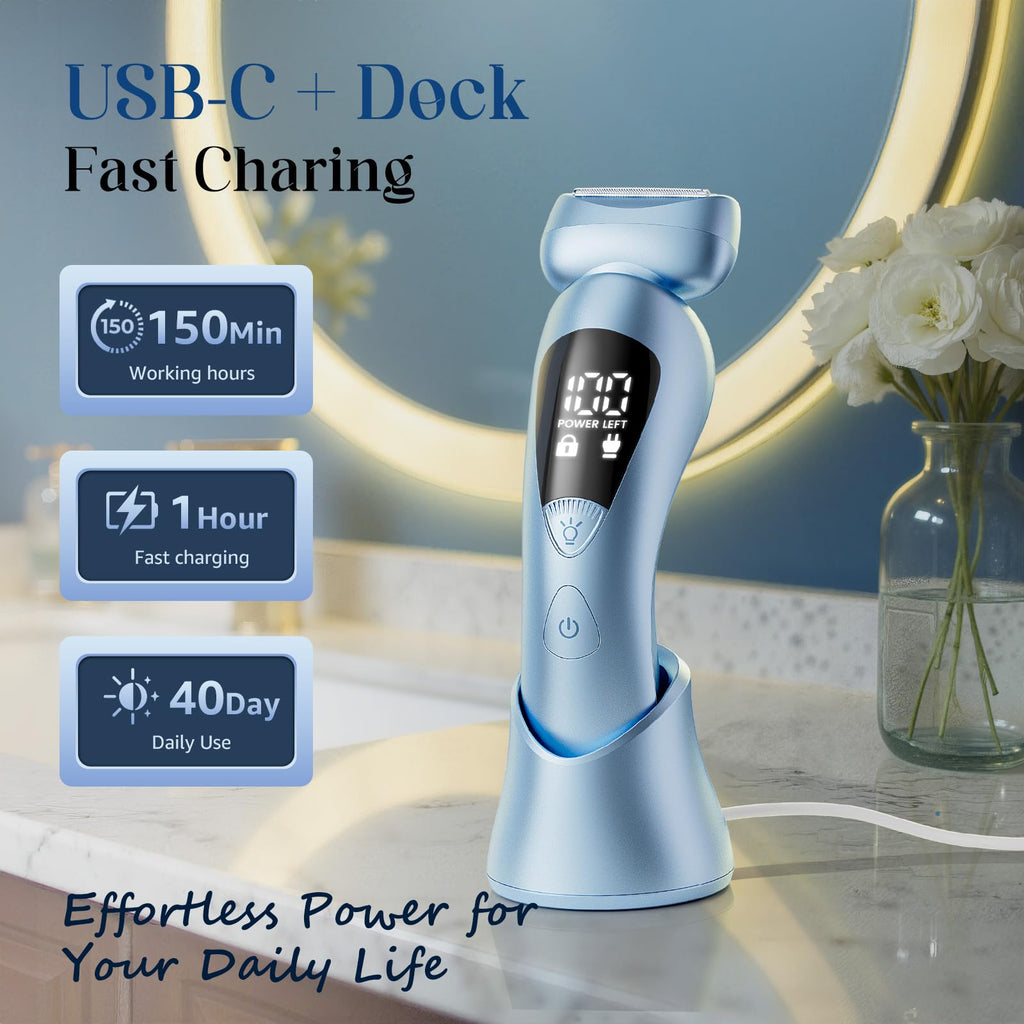 rategist Cordless Electric Razors for Women: Rechargeable Painless Bikini Trimmer for Body Hair - 𝐈𝐏𝐗𝟕 𝐖𝐚𝐭𝐞𝐫𝐩𝐫𝐨𝐨𝐟 Shaver with 𝐋𝐄𝐃 𝐃𝐢𝐬𝐩𝐥𝐚𝐲 for Face/Underarm/Leg Deep Blue