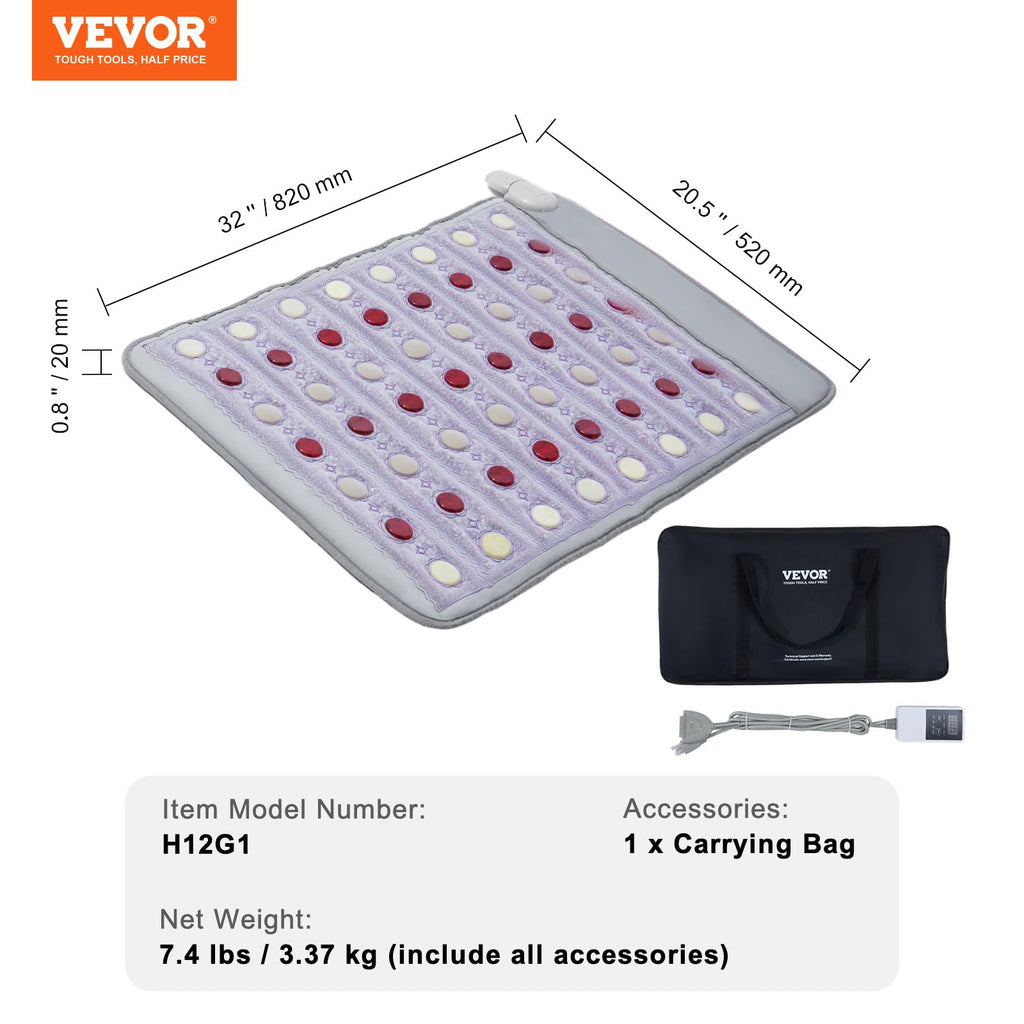 VEVOR Far Infrared Heating Pad, 103-159℉ Amethyst Heating Pad, 5 Natural Crystal Gemstones Mat with 660nm Photon Light, Negative Ions, 0-720 Min Timer for Back Waist Shoulder Pain Relief (40" x 20")
