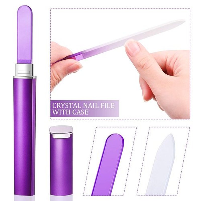 Mudder 6 Pack Crystal Glass Fingernail File with Case for Natural Nail and Cuticle Pusher Dual Ended Manicure Stick Set Nail Care Large Small Portable Tool Gift for Women Pastel Green Violet(Purple)