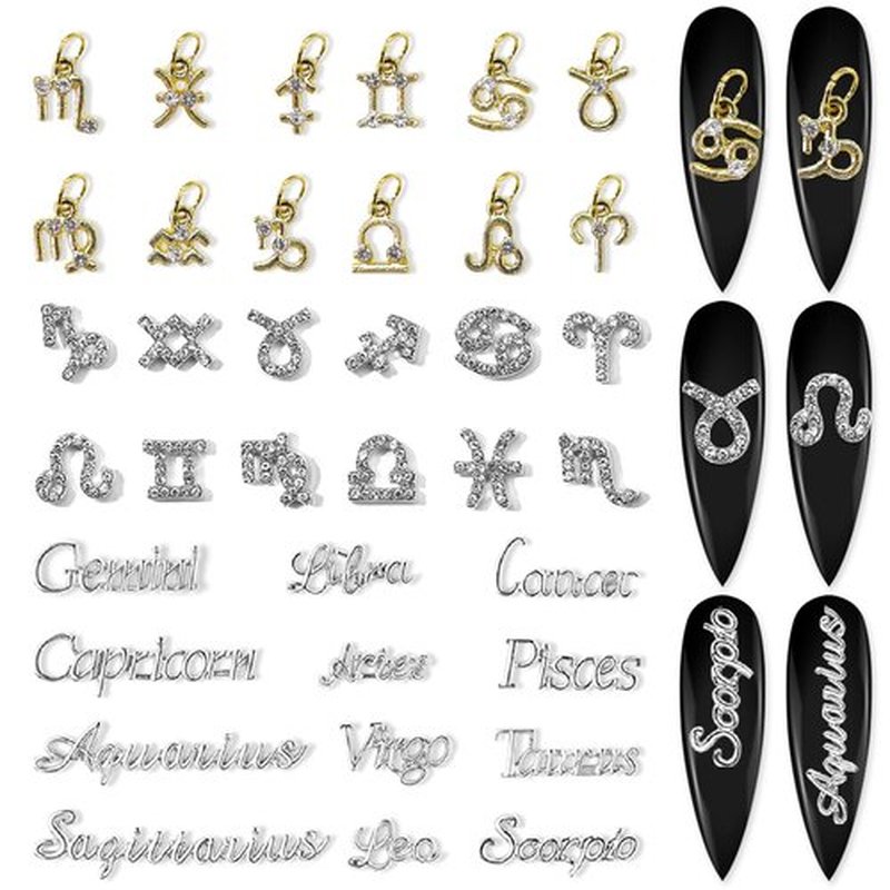 SILPECWEE 36pcs Zodiac Nail Charms 3d Silver Zodiac Sign Nail Letters Flat Back Nail Rhinestones Gold Nail Dangle Jewels Constellation Nail Art Charms Hollow Nail Studs Alloy Nail Decoration