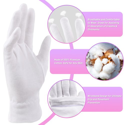 Selizo 12 Pairs 100% White Cotton Gloves for Eczema, Moisturizing Gloves for Dry Hands Overnight Women, Moisture Sleeping Spa Lotion Hand Cream Gloves for Eczema Dry Cracked Hands Sensitive Skin