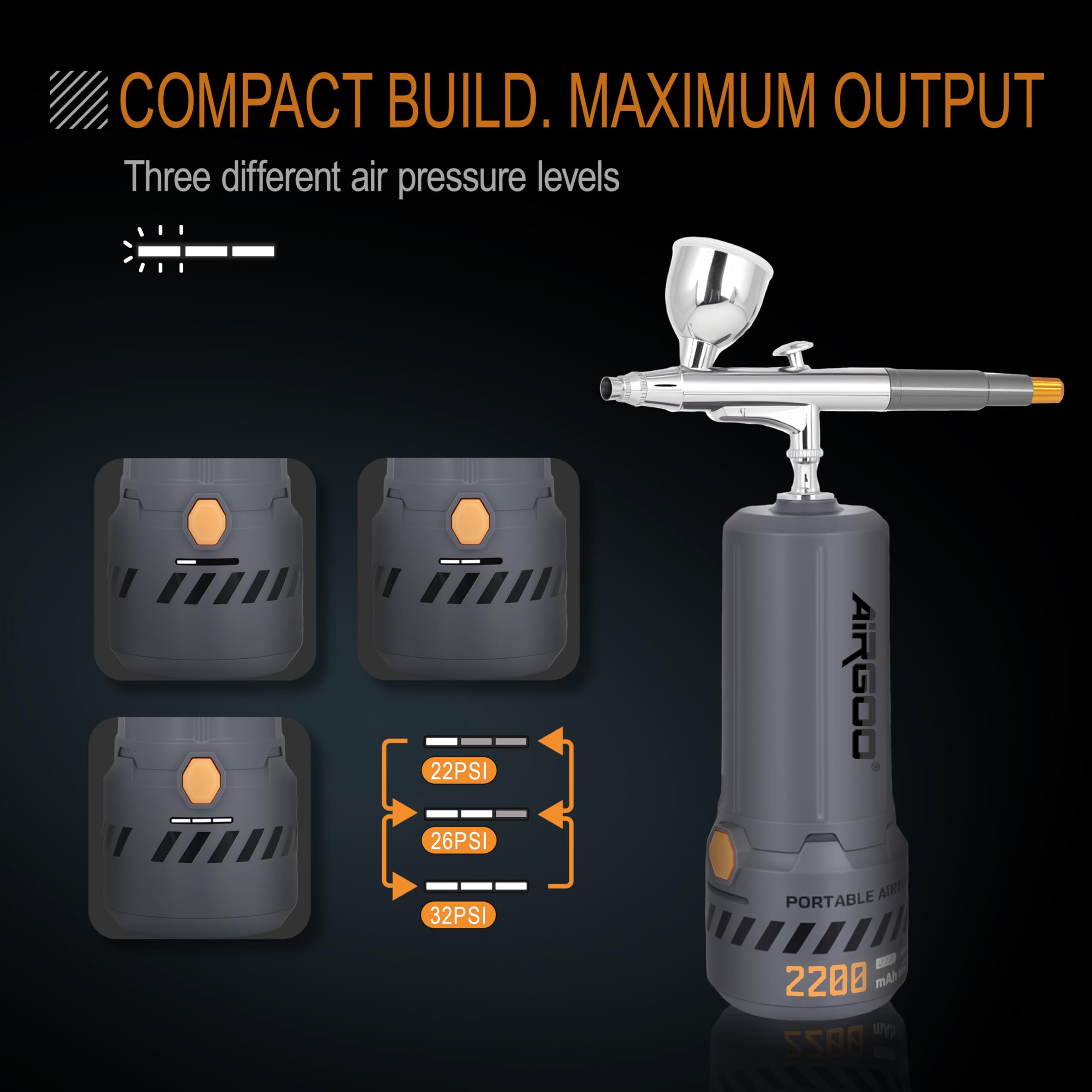 Airgoo Portable Airbrush Kit with Air Compressor MK430-215 with 0.3mm Nozzle, Cordless Airbrush Gun Set with Replaceable 5cc/10cc/20cc Fluid Cups for Makeup, Crafts, Tattoo, Modeling, Cake Decor