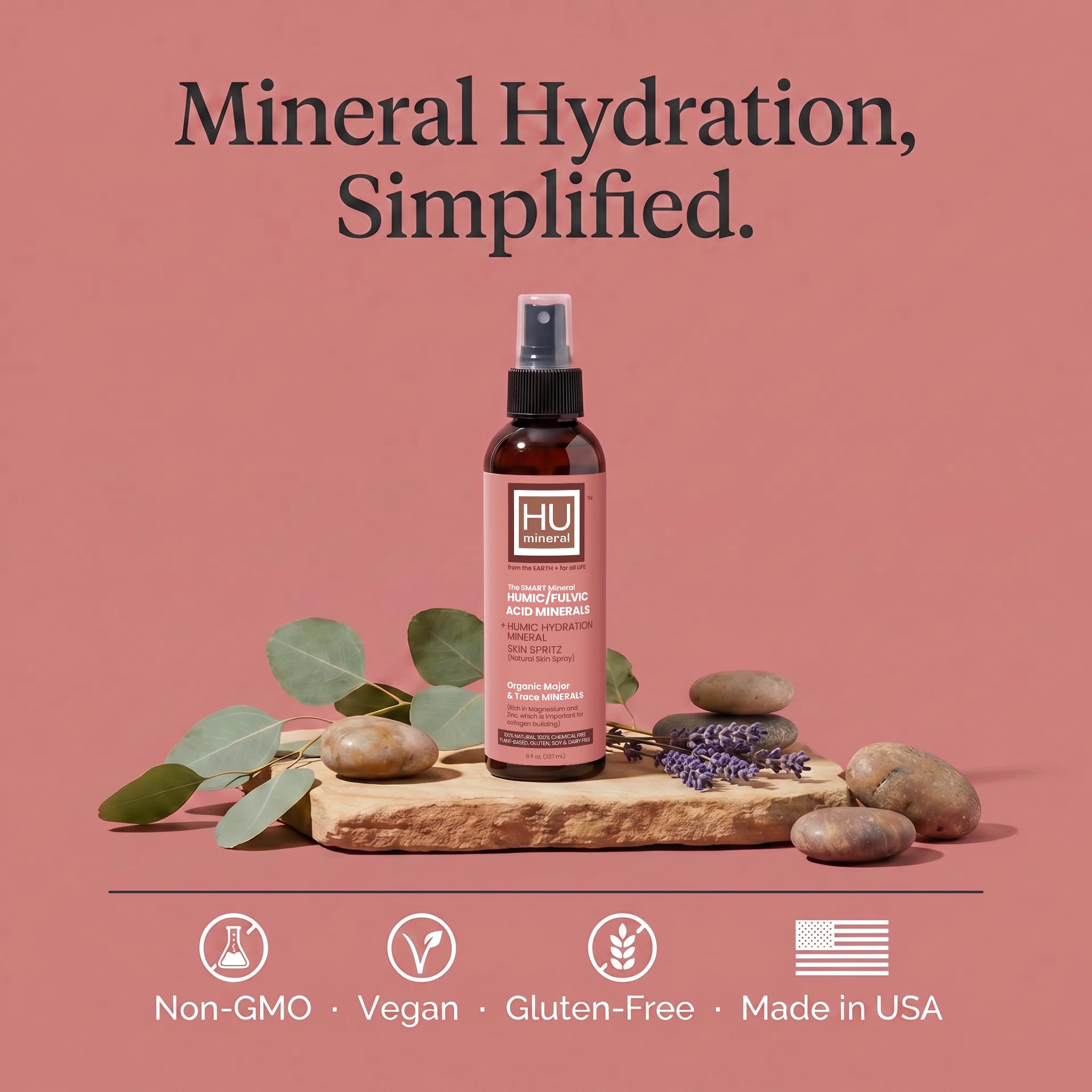 HUmineral Collagen-Boosting Mineral Face Mist – Humic & Fulvic Acid, 80+ Organic Minerals, Electrolytes & Silica – Hydrates Skin, Hair & Body – Non-GMO, Vegan – Made in USA – 8 fl oz