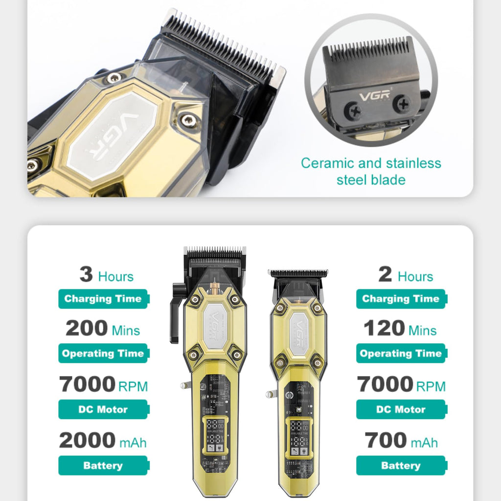 VGR 600&900 Cordless Barber Clipper Trimmer Set with LED Display, Gold