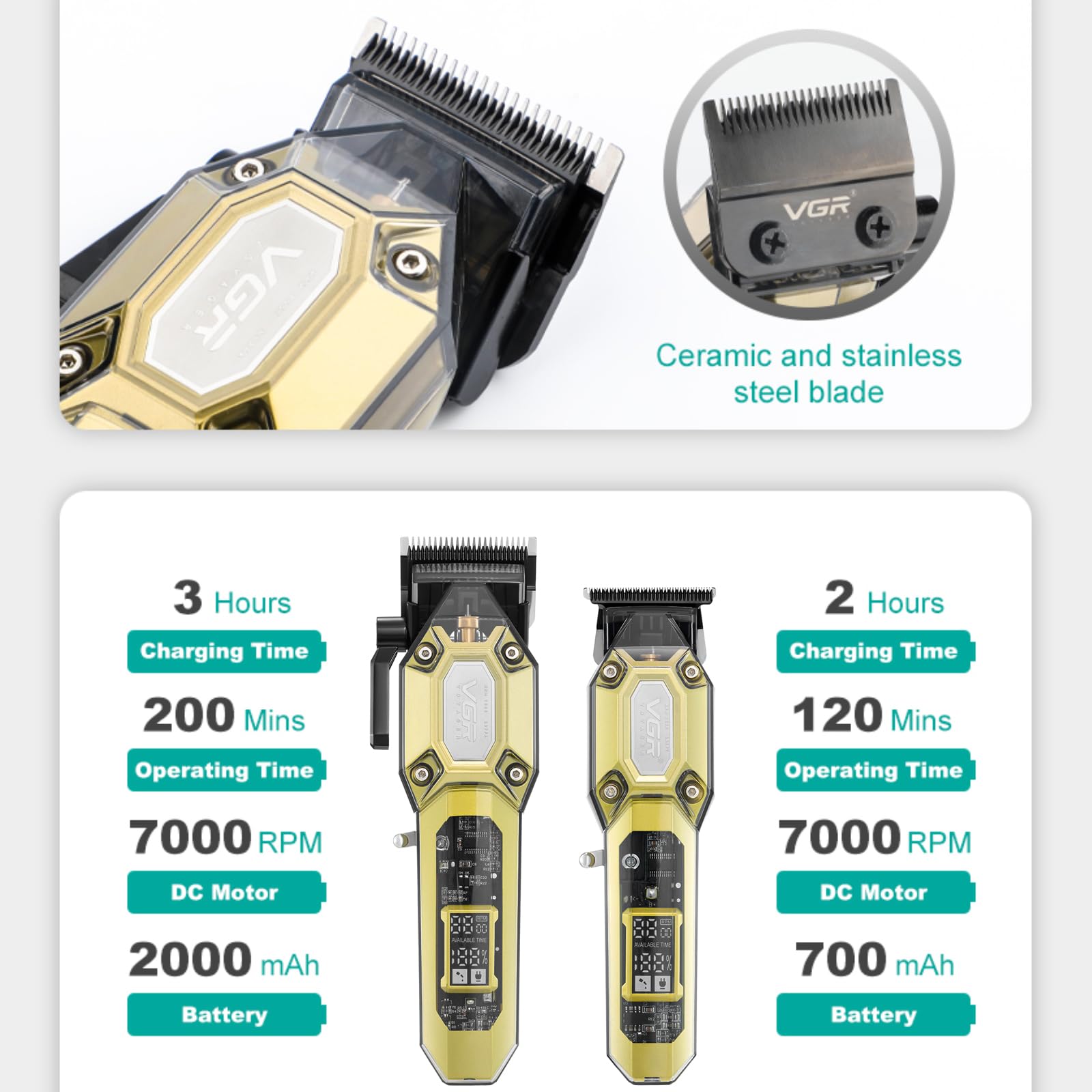 VGR 600&900 Cordless Barber Clipper Trimmer Set with LED Display, Gold