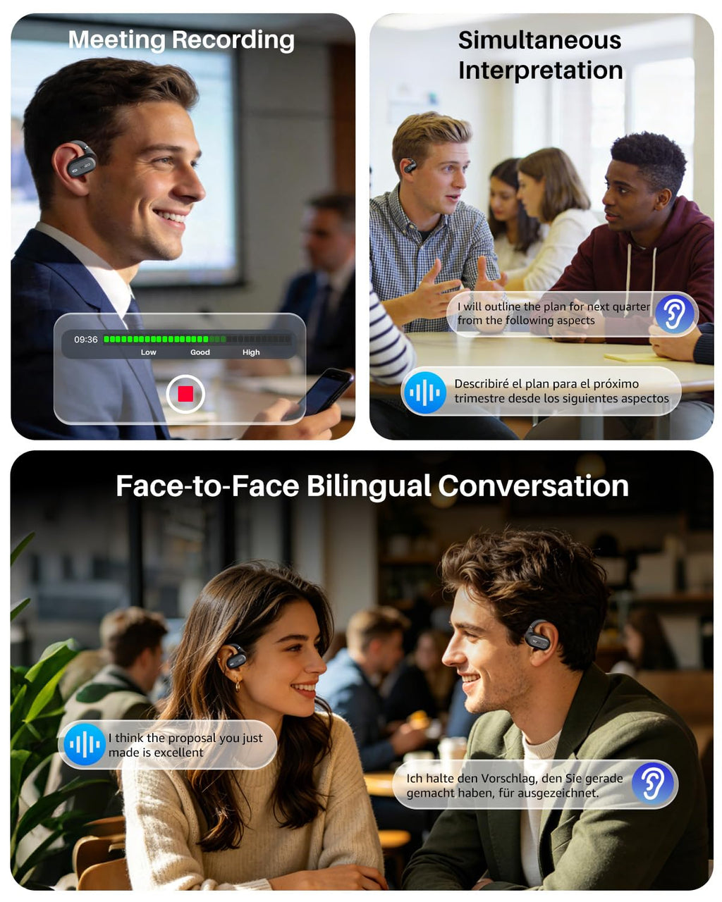 TOZO OpenWear Open Ear Earbuds, AI Translation Earbuds Real Time 145+ Languages, 60H Translator Ear Buds Audifonos Traductores Inglés Español, Bluetooth Headphones 5.4 with Smart Display for Office