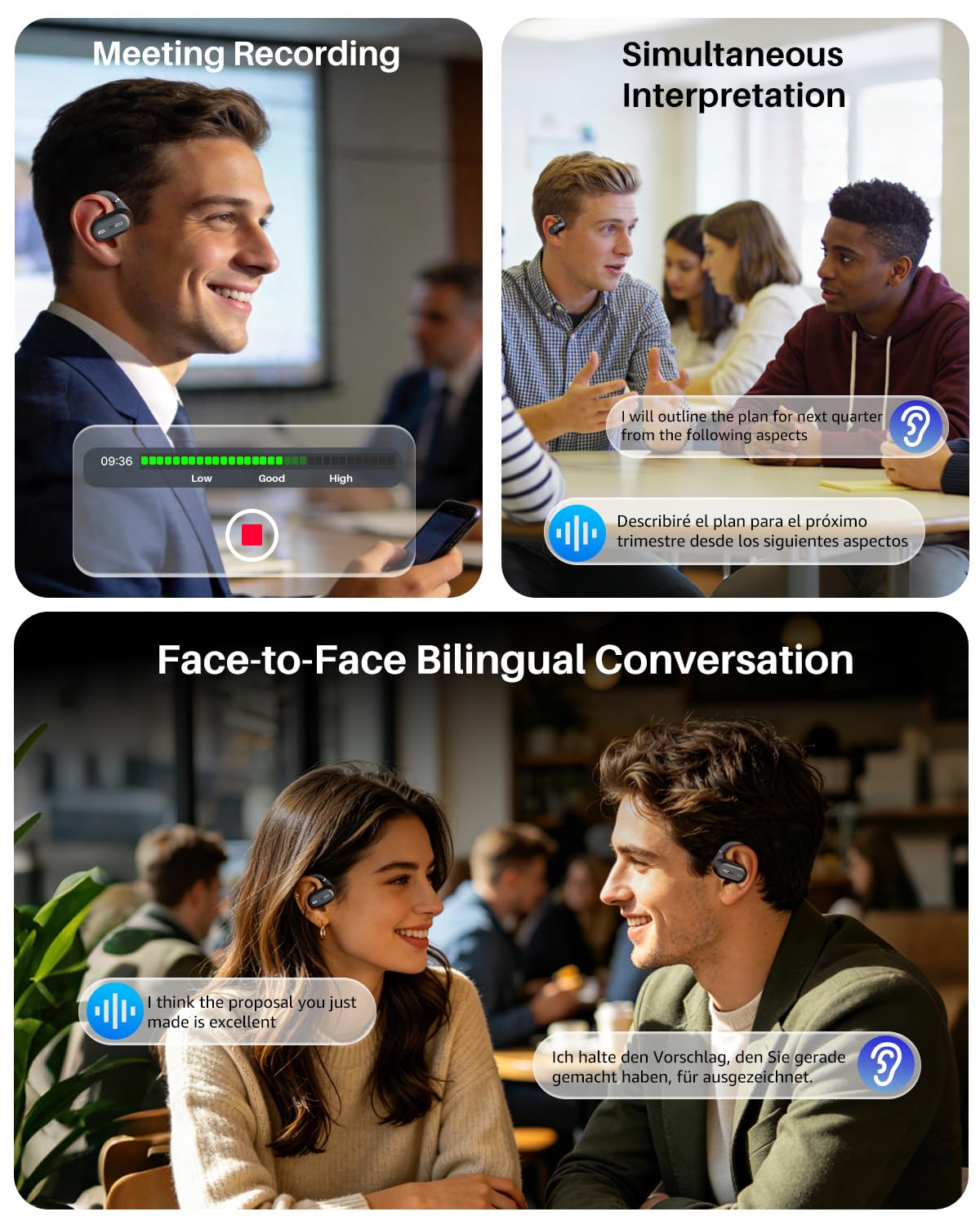 TOZO OpenWear Open Ear Earbuds, AI Translation Earbuds Real Time 145+ Languages, 60H Translator Ear Buds Audifonos Traductores Inglés Español, Bluetooth Headphones 5.4 with Smart Display for Office
