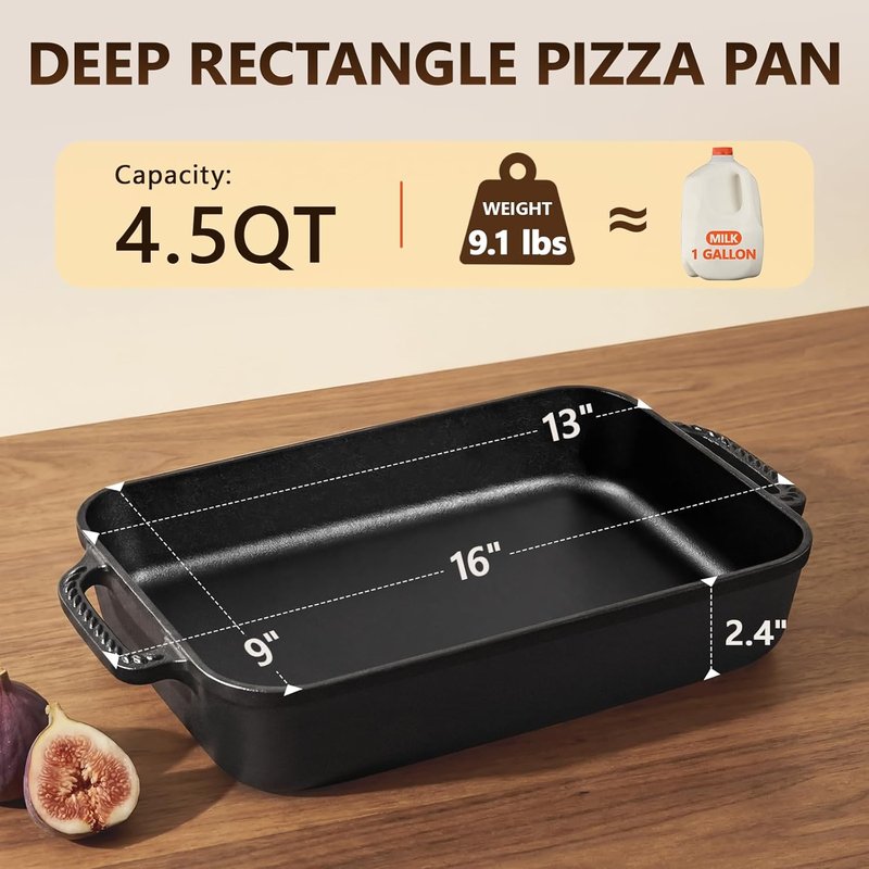 Cast Iron Detroit Pizza Pan - 9x13 Inch Pre-Seasoned Deep Dish for Perfect Casseroles & Lasagna