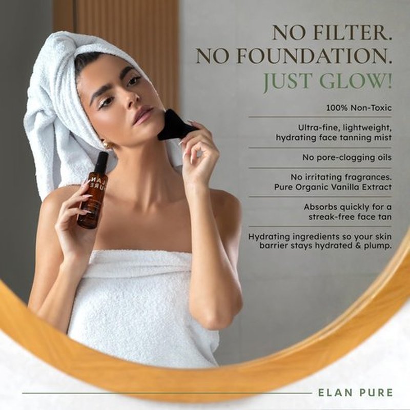 Elan Pure Face Tanning Mist, Organic Ingredients, Sunless Self Tanner, Bronzing, Hydrating, Streak-Free, Long Lasting Glow