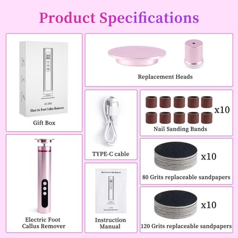 heemeei Electric Foot Callus Remover, 2-in-1 Rechargeable Electric Callus Remover for Feet with Sandpaper Discs & Grinding Heads, Adjustable 9 Speeds Electric Foot File for Feet, Pedicure Tools (Pink)