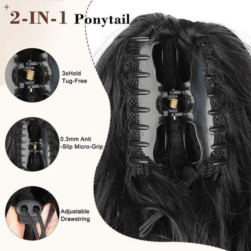AISI BEAUTY Black Ponytail Extension, 20 inch Long Wavy Curly Claw Clip Ponytail Hair Extensions, Natural Synthetic Hairpiece for Women Daily Wear