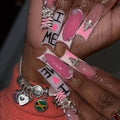 IMRAIN Long Press on Nails Square Fake Nails with Y2K Charms Design White French Tip Acrylic False Nails Pink Ombre Full Cover Glossy Cute Extra Long Stick on Nails for Women