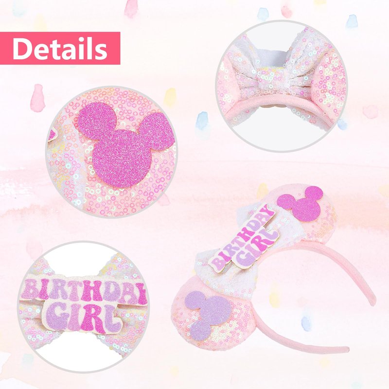 YUNISS Handmade Birthday Girl Mouse Ears Headband for Adults & Kids | Upgraded Wide Band |Velvet Non-Slip Band, All-Day Comfort | Cosplay, Theme Park Gift(Birthday Girl)