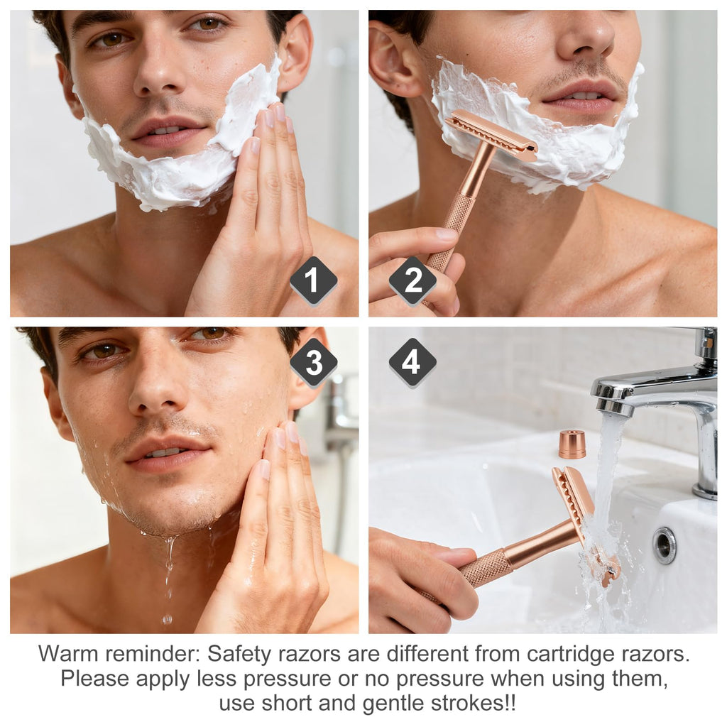 KAIYULUN Safety Razor with Stand for Men & Women - Double Edge Single Blade Razor, One Blade Razor with 10 Blades & Metal Stand - Reusable Mens & Womens Shaving Razor (Complete Kit)-Rose gold