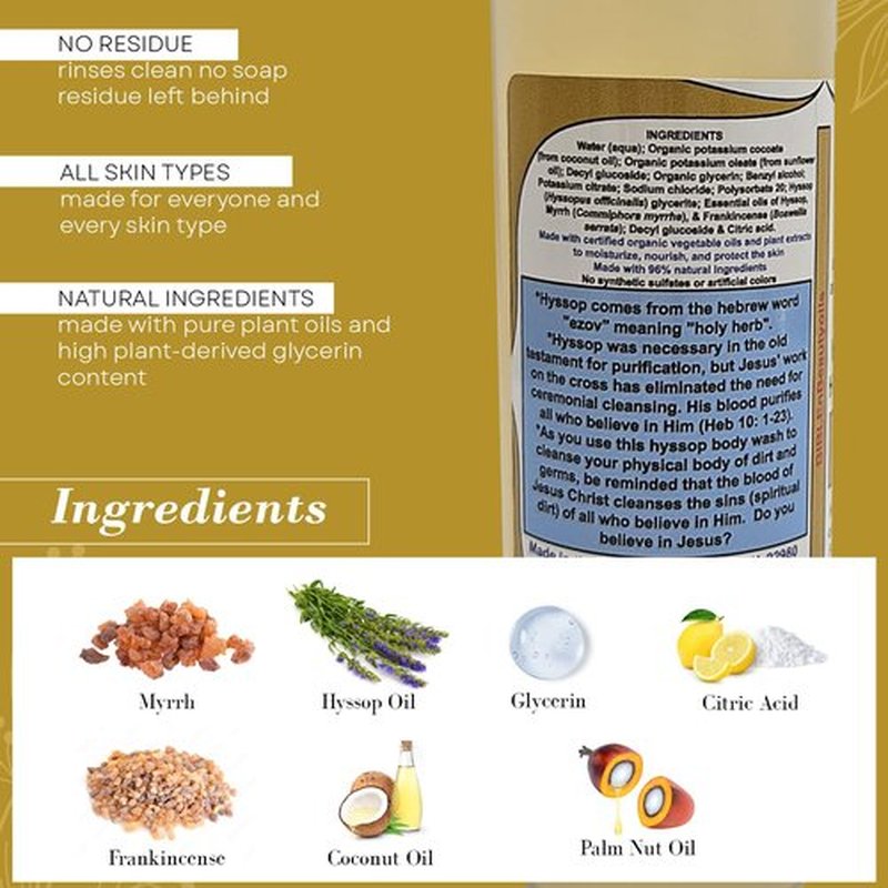 BIBLE N Beautyoils Cleanse Me With Hyssop Natural Hair and Body Wash, Organic Hyssop Infused Shampoo and Body Wash for Nourishing and Refreshing Hair & Body Cleansing (Myrrh and Frankincense)