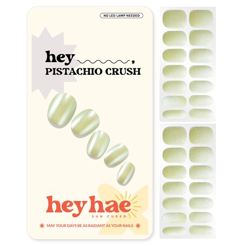 heyhae Semi Cured Gel Nail Strips | No LED Lamp Needed | Summer, Chrome, Green | Easy Apply & Remove, Salon Quality | Includes 28 Strips, 1 Prep Pads, Nail File & Wooden stick - Hey, Pistachio Crush