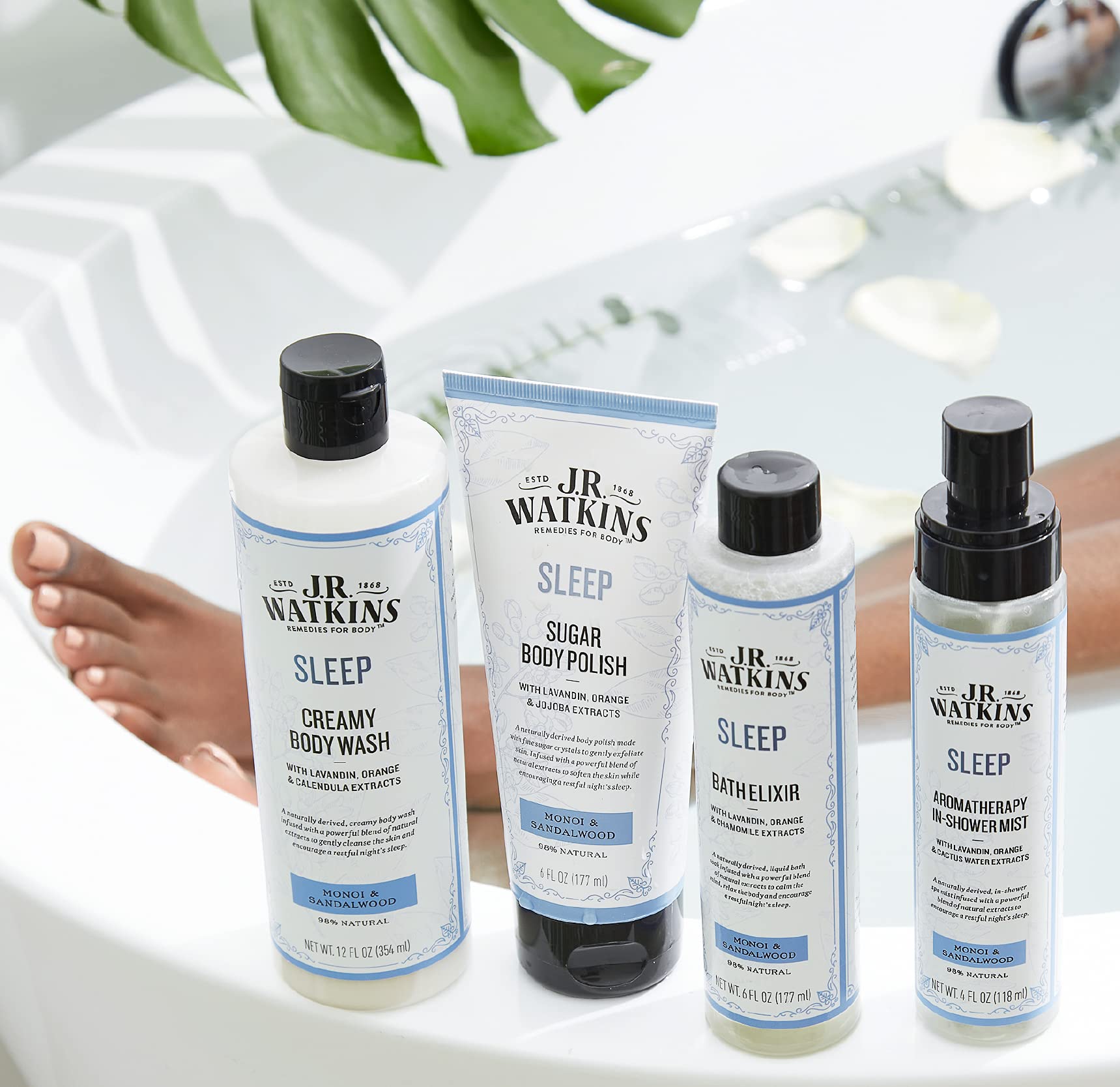 J.R. Watkins Sleep Bath Elixir, Liquid Bath Soak, Monoi & Sandalwood with Natural Extracts, No Salt, No Residue, 6 oz (Pack of 2)