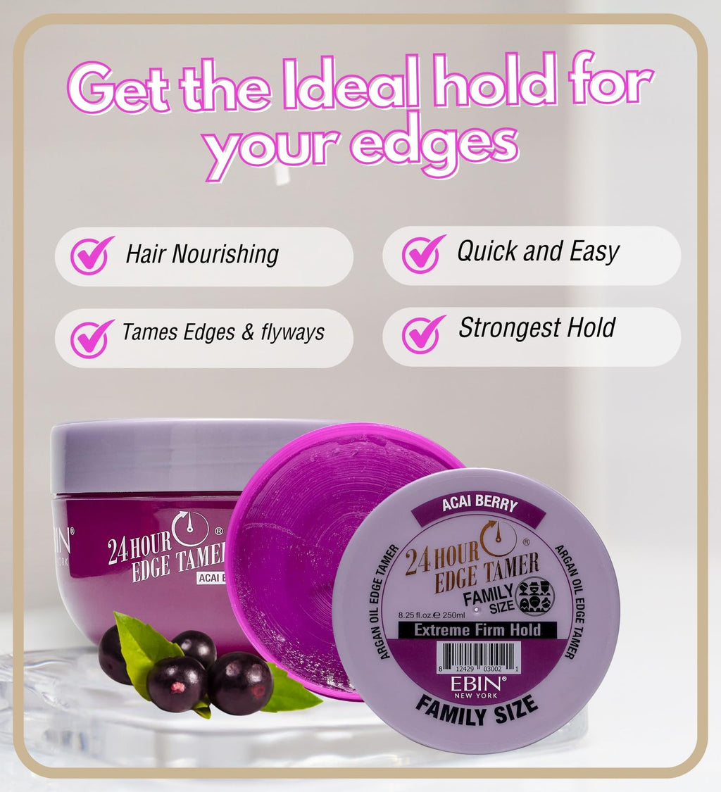 24 Hour Argan Oil Edge Tamer Refresh (8.25oz/ 250ml, Acai Berry) | Extreme Firm Hold, Smooths & Tames Frizz | No Flaking or Drying | High Shine, Long Lasting, All Hair Types, Styling Gel.