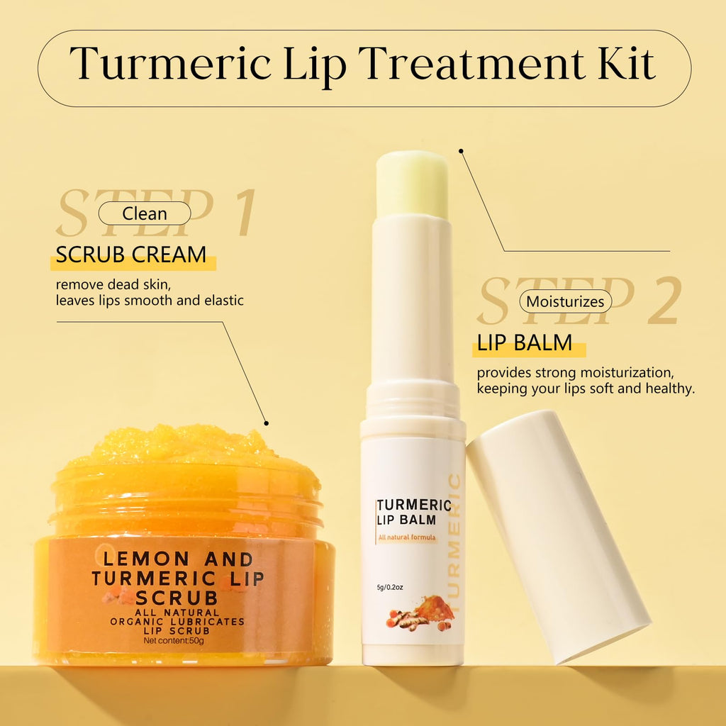 Freeorr Turmeric Lip Treatment Kit for Dark Lips, Lip Scrub&Lip Balm for Smokers, Lip Exfoliator Scrub for Hydration Chapped and Cracked Peel Lips