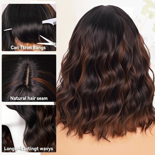 Beautier Black Mixed Brown Wig with Bangs Short Wavy Bob Wigs for Women Synthetic Shoulder Length Hair Natural Looking Curly Wig Heat Resistant Hair Replacement Bob Wigs (14 Inch)