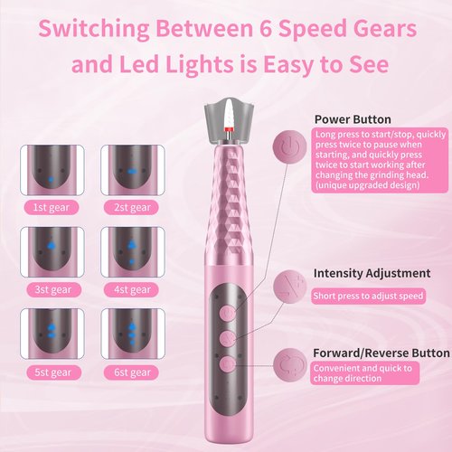Cordless Electric Nail File with Safety Pause Function,FyndAna Portable Nail Drill Set for Crystal Gel Dip Powder Nails,Rechargeable Manicure Pedicure Tools Polish Set,Pink