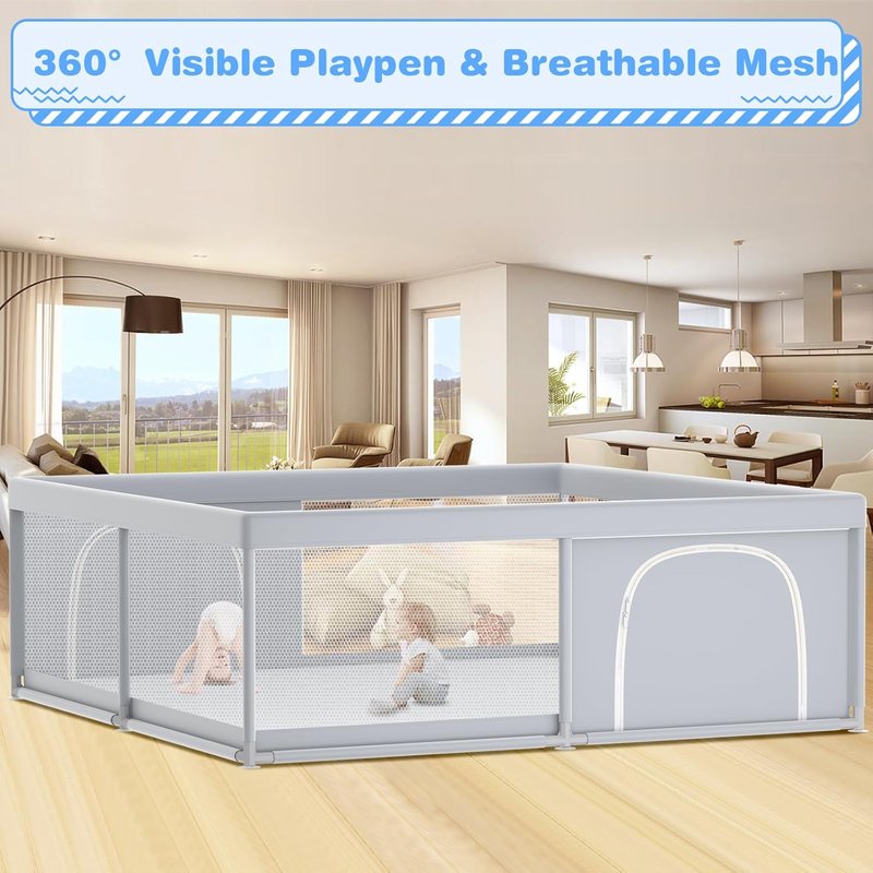XVISHX Baby Playpen - 79 x 79 Inch Playard for Indoor & Outdoor Use | Soft, Breathable Mesh in Grey