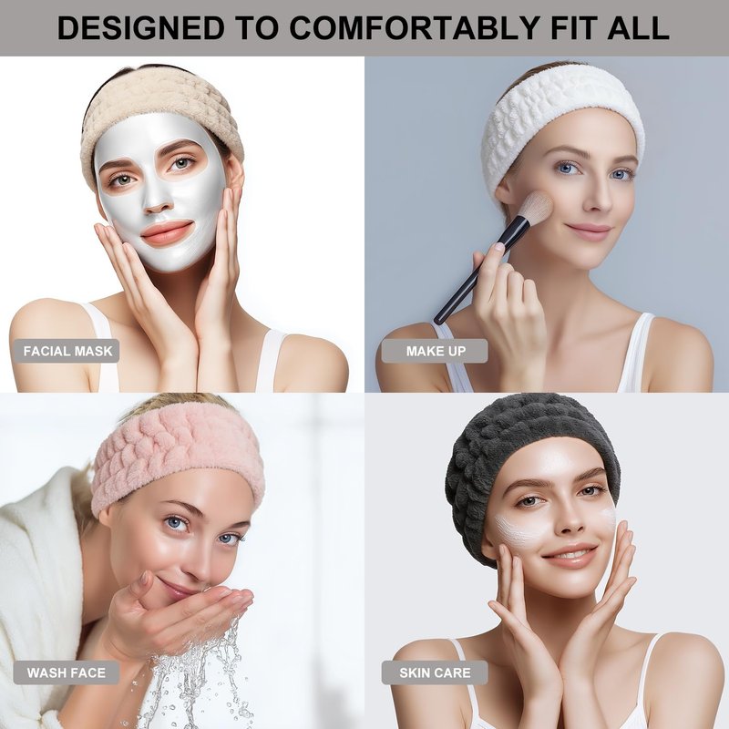 VBAEI 4 Pieces Spa Headband for Women Skincare Headband Makeup Headbands for Washing Face Spa Shower Gifts(Milky-White, Grey, Khaki, Dark Grey)