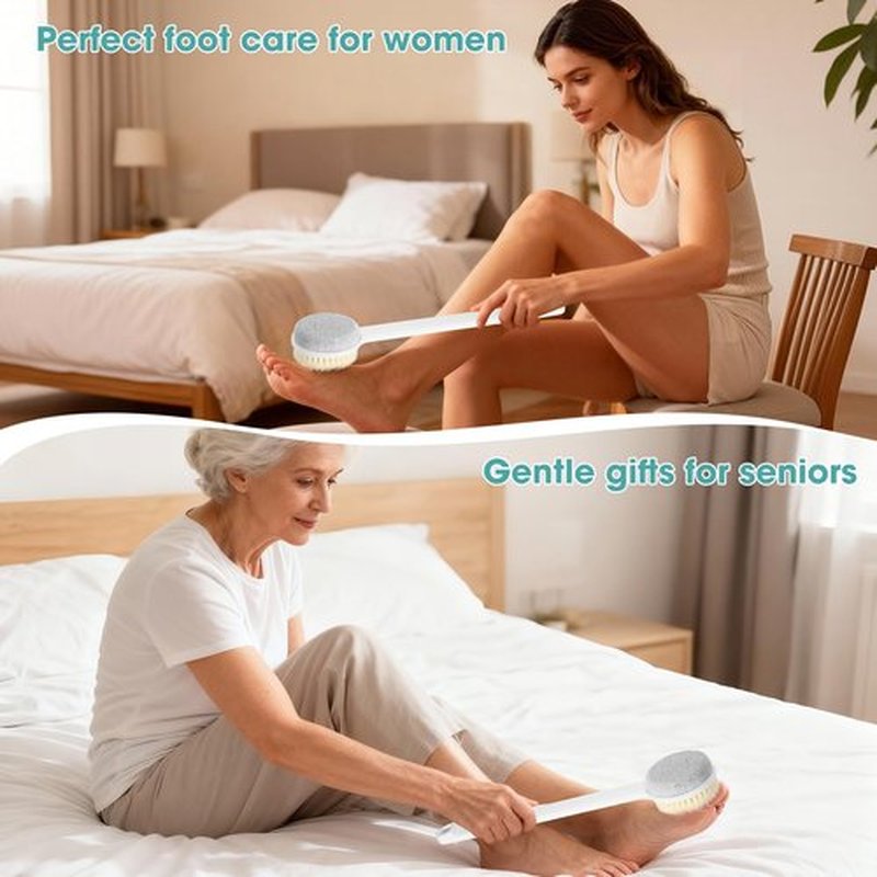 Callus Remover for Feet & Foot Scrubber - Upgraded Dual Sided Pedicure Tools for feet with Natural Pumice Stone and Nylon Brush, Foot Brush for Dead Skin Care, 14.2"x1.8", Hanging Hole Design (White)
