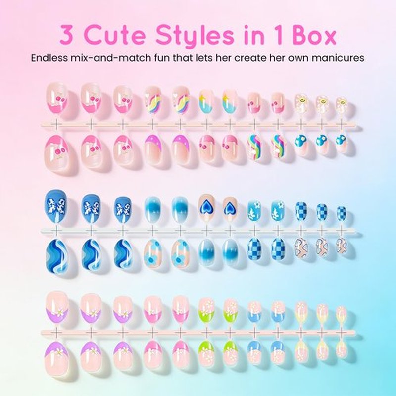 72 Pcs Press on Nails for Kids, GlimightyX 3 Styles Girls Fake Nails Set with Nail Glue & Sticky Tabs,Flower Rainbow Pink Nails Set for 8-12 Years Old,Christmas Gift DIY Home