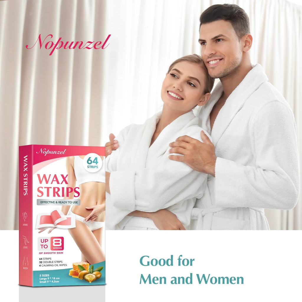 Wax Strips: 64 Waxing Strips - Hair Removal Wax - Brazilian Waxing - Waxing Kit for Women - Body Legs Arms Chest Back Bikini - Wax Kit At Home for Hair Removal - 4 Calming Oil Wipes - 2 sizes