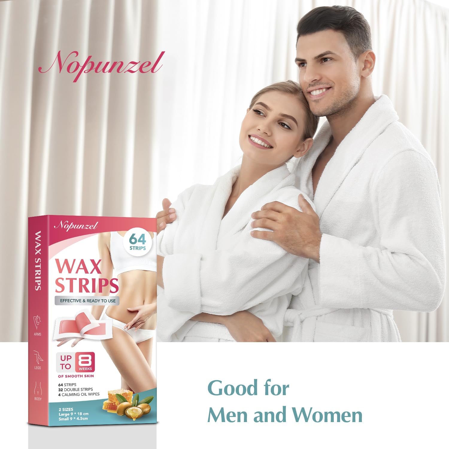 Wax Strips: 64 Waxing Strips - Hair Removal Wax - Brazilian Waxing - Waxing Kit for Women - Body Legs Arms Chest Back Bikini - Wax Kit At Home for Hair Removal - 4 Calming Oil Wipes - 2 sizes