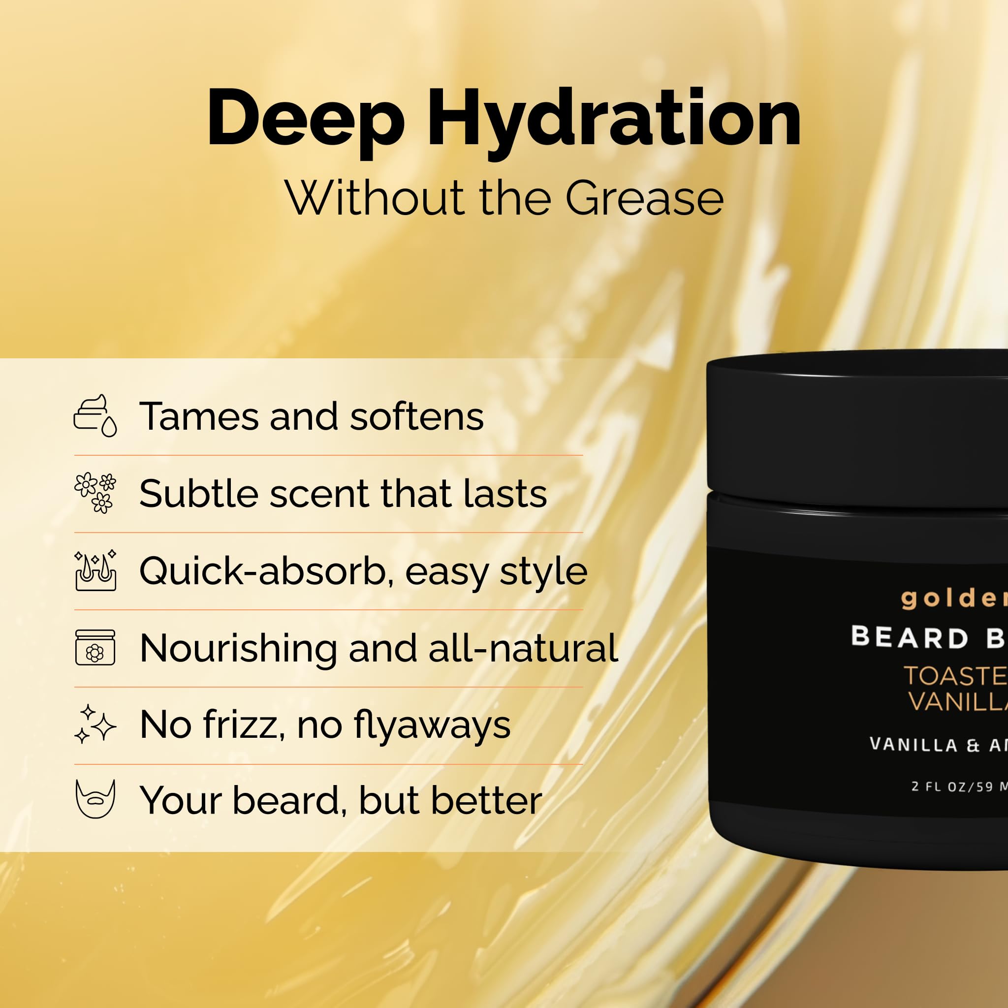 Golden Grooming Beard Balm - Tames Flyaways & Promotes Thicker Growth - Natural Styling Wax with Shea & Mango Butter - Relieves Beard Itch & Dandruff - Toasted Vanilla, 2oz