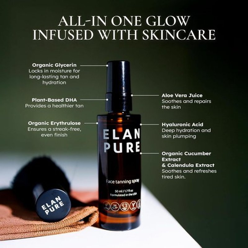 Elan Pure Face Tanning Mist, Organic Ingredients, Sunless Self Tanner, Bronzing, Hydrating, Streak-Free, Long Lasting Glow