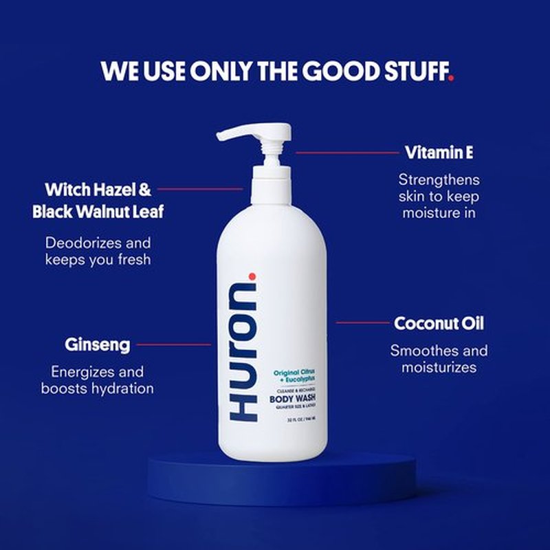 Huron Men’s Body Wash, Hydrating Daily Cleanser with Citrus + Eucalyptus Scent, 30.3 Fl Oz, Moisturizing Shower Gel, non-toxic, Phthalate-Free Clean Ingredients for Men.
