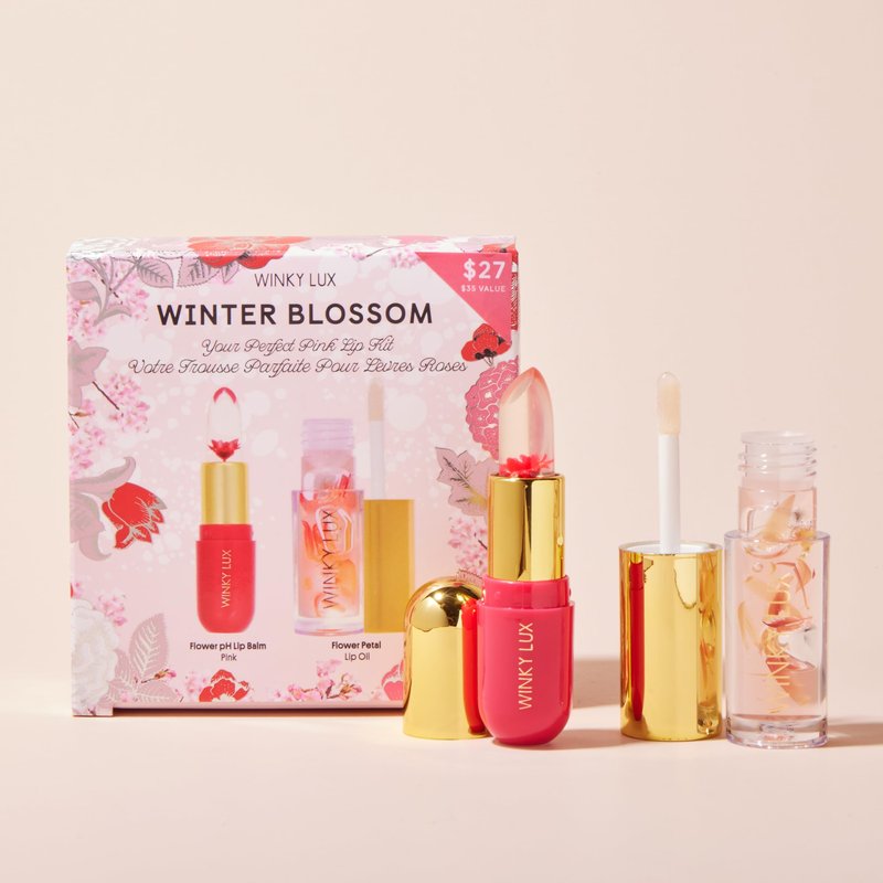 Winky Lux Winter Blossom Pink Lip Kit – Ultra Nourishing Pink Flower PH Lip Balm, Non-Sticky Hydrating Flower Petal Clear Lip Oil, Lipcare Value Set