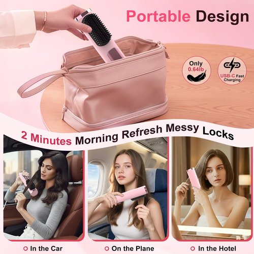 Cordless Hair Straightener Brush, Portable 500 Million Ions Smooth Straightening Brush, Rechargeable 4-IN-1 Go Brush, MCH Fast Heating, 5D Dense Bristles, LED Display, Anti-Scald for Women Home Travel